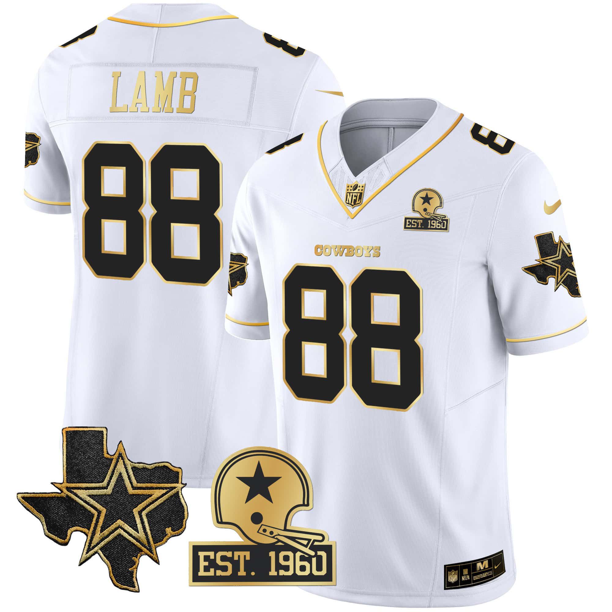 Men Dallas Cowboys 88 Lamb White Gold 2024 Nike Patch Vapor NFL Jersey